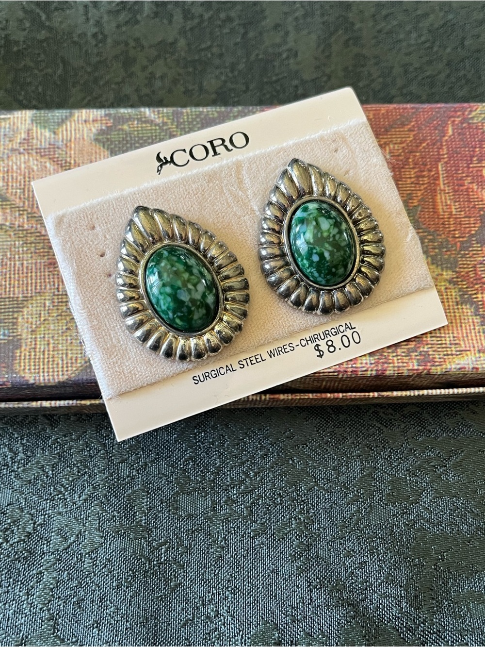Vintage Coro Green Cabochon Earrings Silver Tone Boho Western Retro Statement